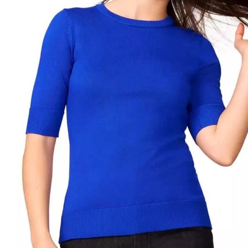 NWT $46 Melissa Paige Women's Medium Top Sweater Ribbed-Yoke Round-Hem Blue
